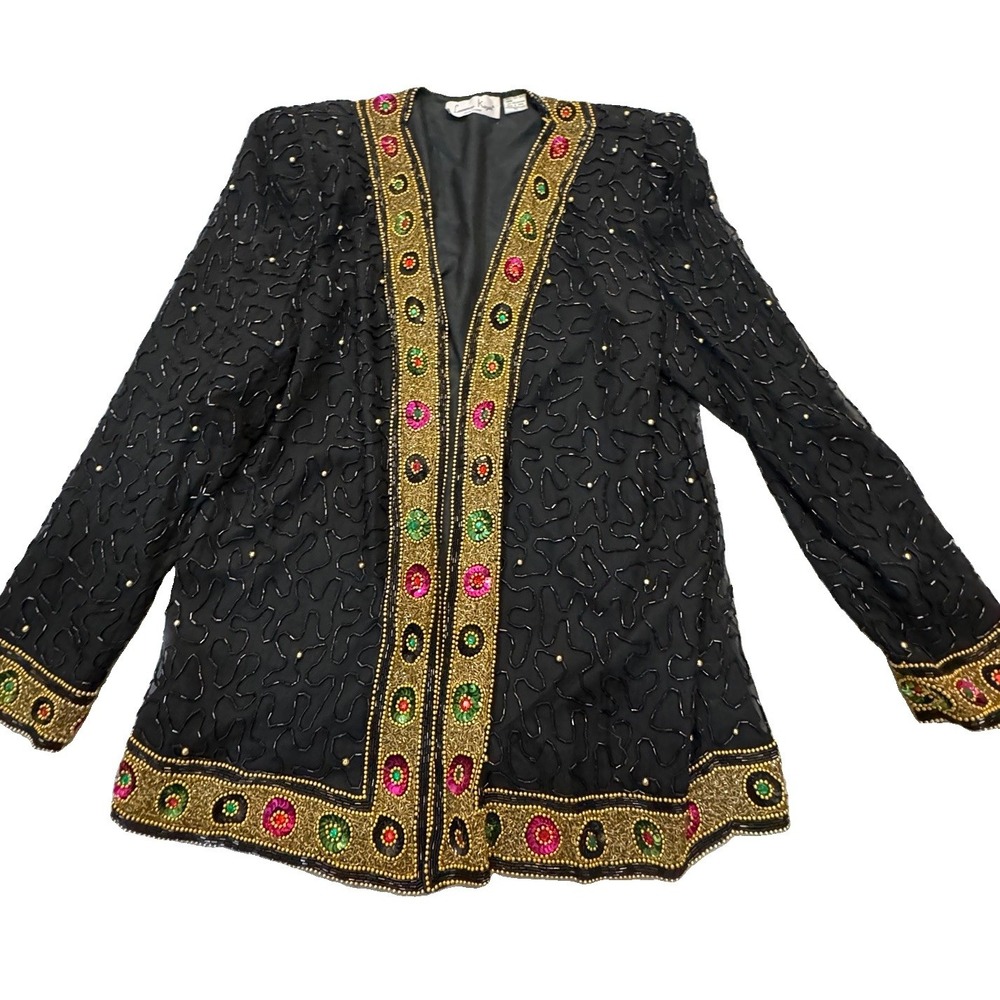 VTG Laurence Kazar 100% Silk Beaded Blazer Glam Cocktail Black Gold Sz XL Womens